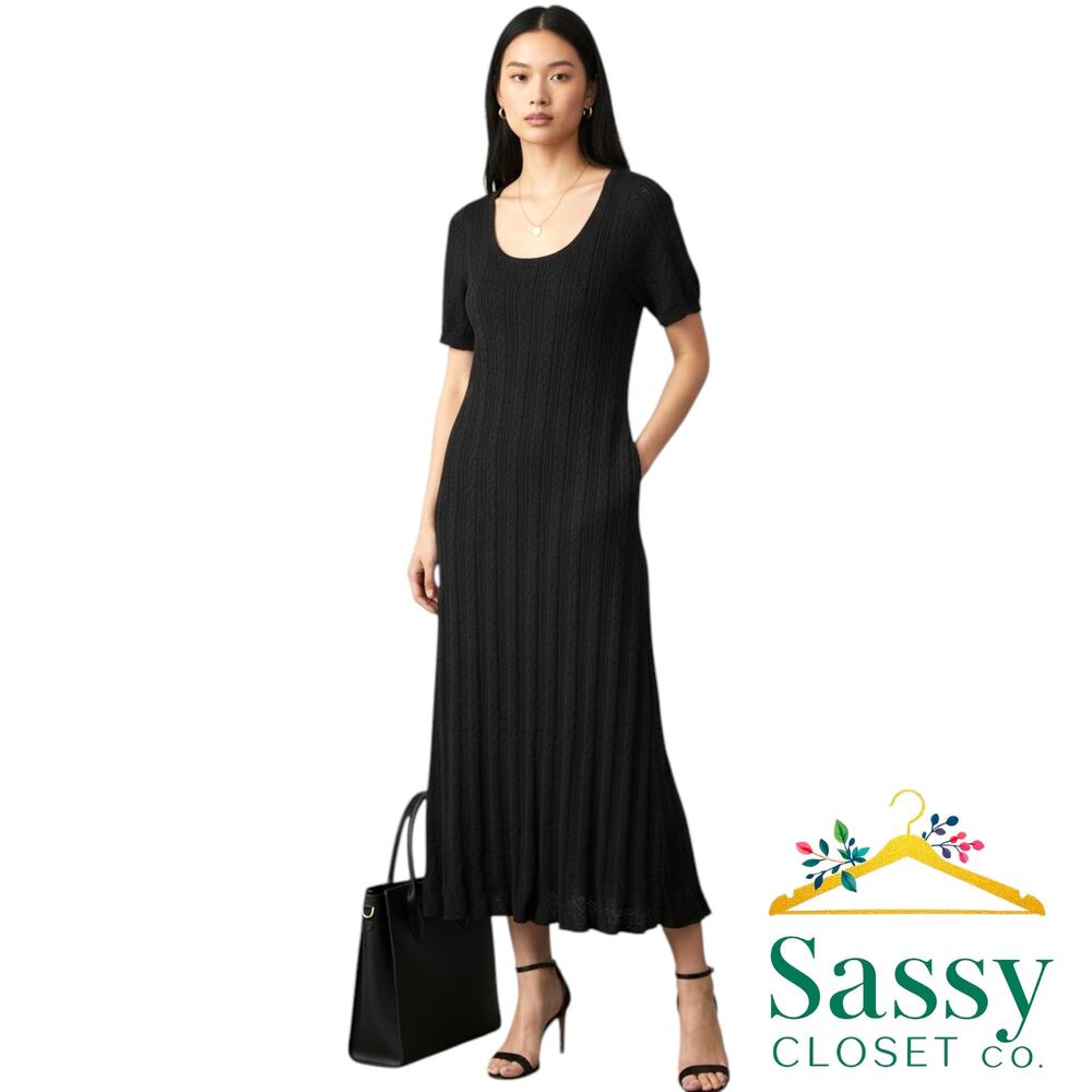 ANN TAYLOR Black Pointelle Cable Knit Midi Dress L NWT Sweater Dress Office